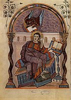 Mark the Evangelist listening to the winged lion, Mark, image 21 of the Codex Aureus of Lorsch or Borsch Gospels.