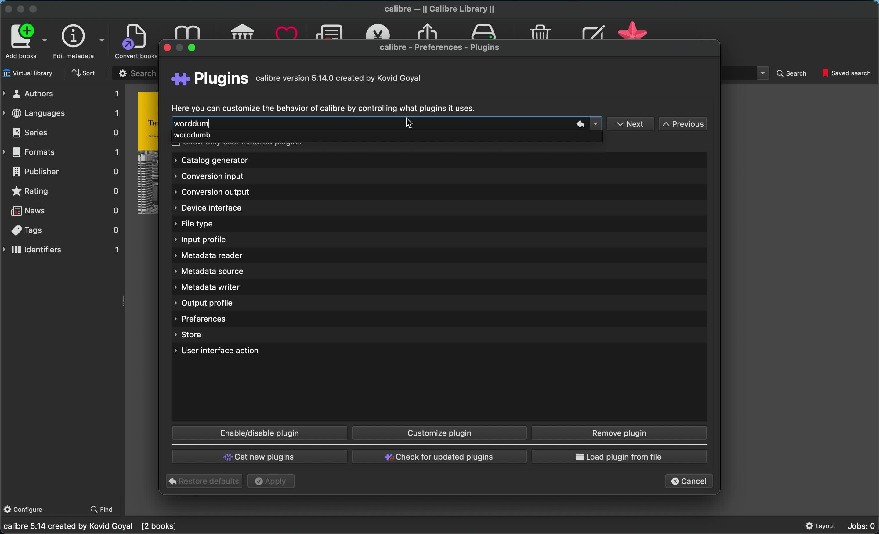 Libraries config. Plugins Calibre. Calibre plugin menu.