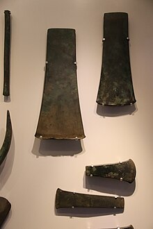 Egyptian type copper axes, Kfar Monash Hoard. Israel Museum, Jerusalem. These axes were made using copper-arsenic-nickel alloy that probably originated in Arslantepe area Copper Axes, Kefar Monash Copper Hoard, 2950-2650 BC (29344209028).jpg