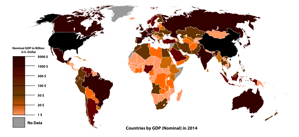 Bản đồ các nền kinh tế thế giới theo quy mô GDP (danh nghĩa) tính bằng USD, nguồn World Bank