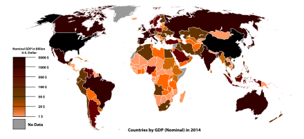 A map of world economies by size of GDP (nominal) in USD, World Bank, 2014.[1]