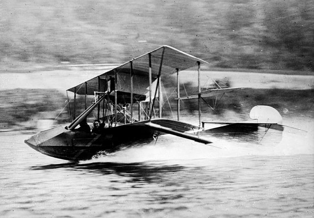 Gustave Maurice Heckscher in his Curtiss seaplane at 60 miles per hour, 1912.