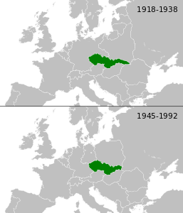 Mapa Czechosłowacji przed i po II wojnie światowej.
