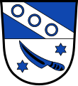 Gemeinde Bergtheim Geteilt von Blau und Silber; oben ein silberner Schrägbalken, belegt mit drei blauen Ringen, unten ein schräg gestelltes blaues Messer, beseitet von je einem sechsstrahligen blauen Stern.