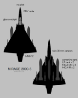 ミラージュ2000-5の対空兵装。 主翼外側に赤外線追尾式のMICA IRを2発、主翼付け根部分にアクティブ・レーダー・ホーミング式のMICA EMを4発、合計6発の空対空ミサイルを装備。