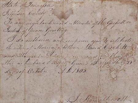 Contract of marriage for David Crockett and Margaret Elder, October 21, 1805