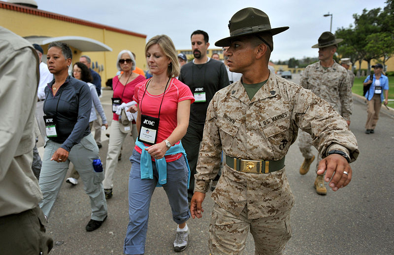 File:Defense.gov News Photo 120725-D-NI589-004 - Participants of the DoD s Joint Civilian Orientation Conference march under the watchful eye of Drill Instructor Sgt. Gustava Brown at the Marine Corps Recruit Depot in S.jpg