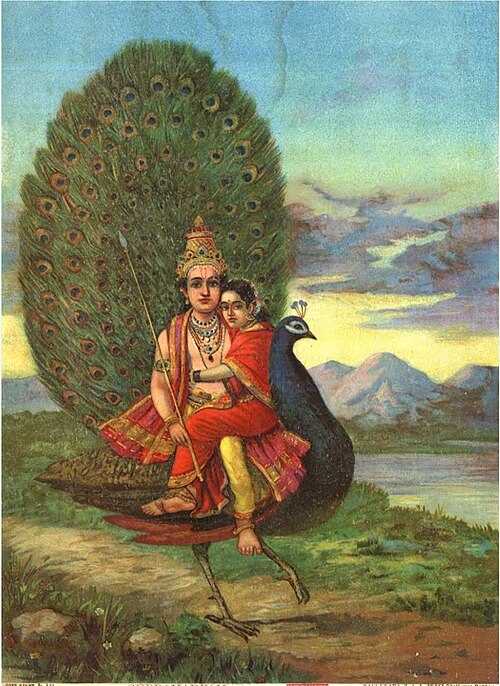 A lithograph on Kartikeya with Devasena seated on his lap