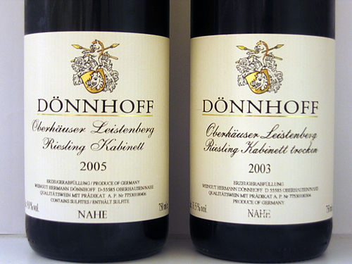 A bottle of Kabinett and a bottle of Kabinett trocken from the same producer and vineyard, showing how the sugar content of the finished wine may be indicated on a German wine label.