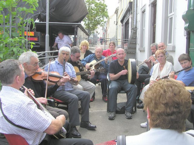 A traditional music session, known in some circles in Irish as a seisiún, a word invented in the 1990s.