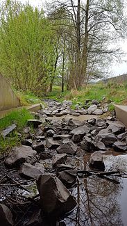 Dried out Eckenbach in the lower Eckenbach valley above Attendorn