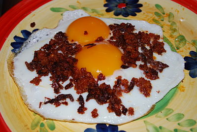Fried egg with Oaxacan chorizo and chapulines