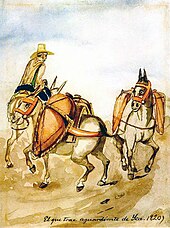 Painting of a man on horseback leading two pack animals