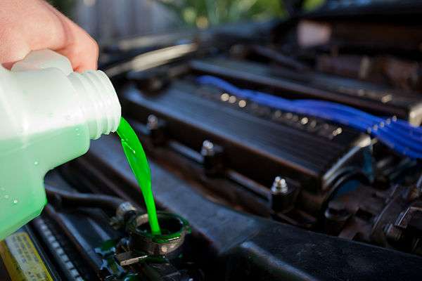 Coolant being poured into the radiator of an automobile