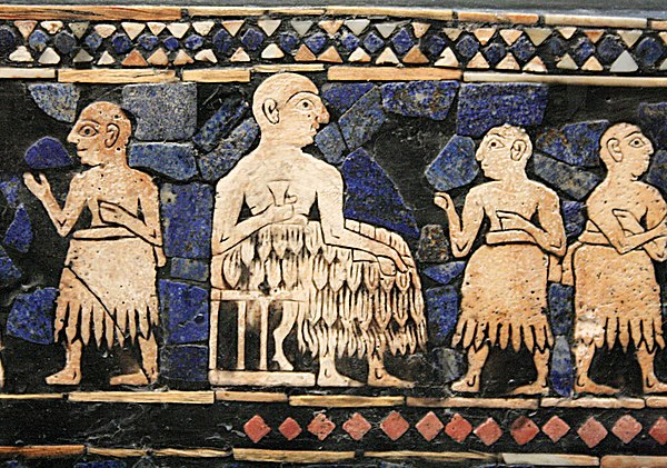 Enthroned Sumerian king of Ur, possibly Ur-Pabilsag, with attendants. Standard of Ur, c. 2600 BC.