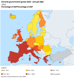 Government debt as a percent of GDP in EU in 2012. Bulgaria has one of the lowest rates of Debt-to-GDP ratio. Eurostat public debt GDP.png