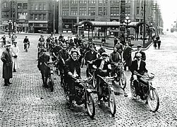 Excelsior V-Twin motorcycles gather at Pioneer Place in 1914 or 1915. From the Seattle Municipal Archives; photographer unknown.