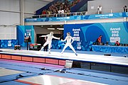 Deutsch: Fechten bei den Olympischen Jugend-Sommerspielen 2018: Tag 1, 7. Oktober 2018, Jungen, Säbel, Finale - Krisztián Rabb (HUN) - Hyun Jun (KOR) (USA) 15:13 English: Fencing at the 2018 Summer Youth Olympics at 7 October 2018 – Boys' sabre Gold medal match – Krisztián Rabb (HUN) Vs Hyun Jun (KOR) (USA) 15:13