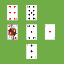 Four Seasons - the initial layout. The 6, as the first (or sixth) card dealt, forms the first foundation. As others appear they will go in the remaining corners. Four Seasons initial layout.png
