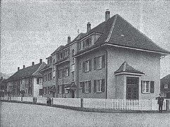 GBWG Freistatt, Ecke Pestalozzistrasse-Mattenstrasse mit Eingang zum Freistattsaal, 1932