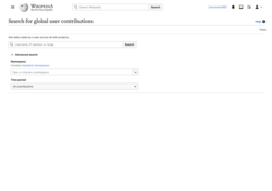 Special page showing search fields that enable users to get edits made by a user across all wiki projects. Users can search by username, IP address or IP range.
