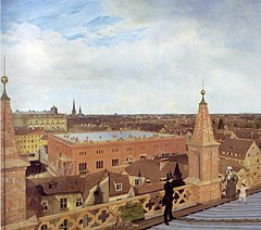 Cuadro de Eduard Gaertner que muestra una vista circular del antiguo Berlín desde el tejado de la iglesia (1834).
