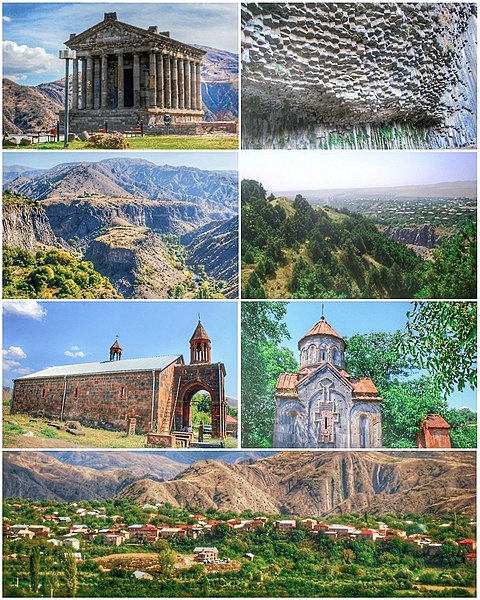 Landmarks of Garni, from top left: Garni Temple • Symphony of Stones Garni Gorge • Khosrov Forest Reserve Surb Astvatsatsin Church • Mashtots Hayrapet