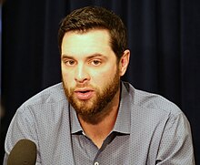 Giants first baseman Brandon Belt talks to reporters at 2016 All-Star Game availability. (28424539352).jpg