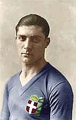 Giuseppe Meazza in the early 1930s wearing Italy's blue shirt with the cross of the House of Savoy badge along with the fascist lictorial symbol. Giuseppe Meazza 1930-1933.jpg