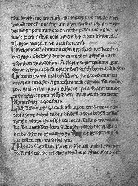 A page of Y Gododdin, one of the most famous early Welsh texts featuring Arthur (c. 1275)