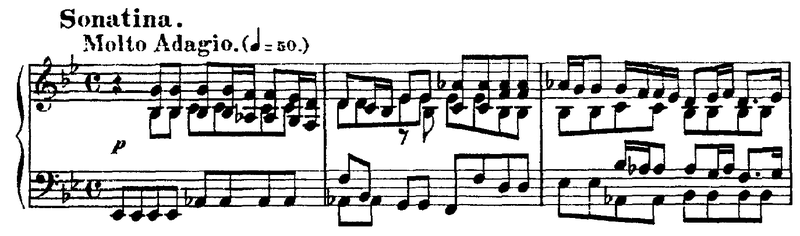 Bach Cantata 106 is almost entirely in E♭ major, but has only two flats, not three, in the key signature Play (help·info)