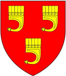 Arms of Grenville, as visible sculpted on the monument to Sir Thomas Grenville (died 1513) in St Mary's Church, Bideford: Gules, three clarions or. These are the canting arms of the de Clare family, Earls of Gloucester, heirs of FitzHamon and overlords of the Grenvilles