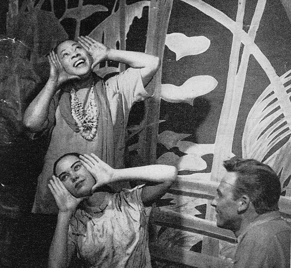 From top: Juanita Hall as Bloody Mary singing "Happy Talk", Betta St. John as Liat, and William Tabbert as Lt. Cable in the original Broadway cast of 