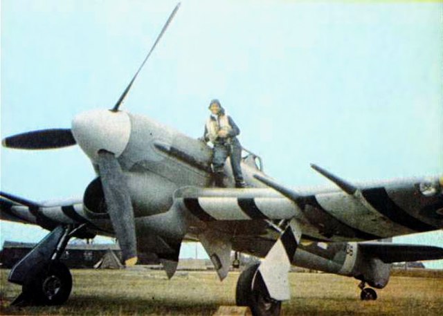 Hawker Typhoon during wartime, with black and white identification stripes under the wings