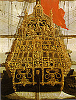 Poupe du Sovereign of the Seas. Lancé en 1637, le fastueux vaisseau-amiral de Charles Ier reste en service 60 ans dans la Royal Navy et participe à de nombreux combats.