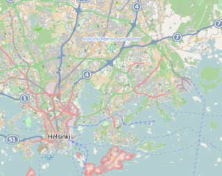 Mapa konturowa Helsinek, na dole po lewej znajduje się punkt z opisem „Katedra świętego Henrykaw Helsinkach”