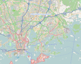 Mapa konturowa Helsinek, po lewej nieco na dole znajduje się punkt z opisem „HJK Helsinki”, natomiast blisko centrum na lewo u góry znajduje się punkt z opisem „IF Gnistan&#65279;(inne języki)Kategoria:Artykuły z propozycjami tłumaczeń”