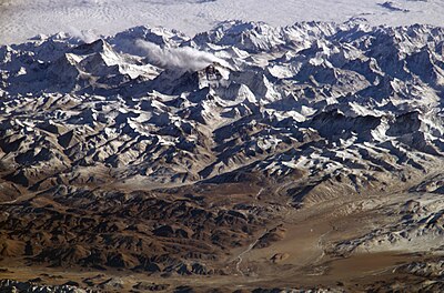 Die Himalajas, die wêreld se hoogste bergreeks, soos vanuit die ruimte gesien.