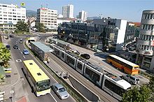 Verkehrsknotenpunkt Hinsenkampplatz in Urfahr, kurz vor der Nibelungenbrücke, auf der sich Fuß-, Rad, Kfz- und Straßenbahnverkehr konzentriert. Darunter queren die internationale Wasserstraße Donau und die die Ufer begleitenden Straßen.