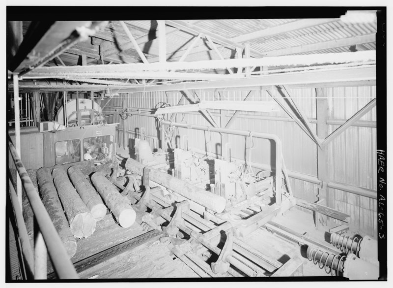 File:INTERIOR VIEW, LOOKING EAST OF SIX-FOOT BAND SAW. - Olon Belcher Lumber Mill, Highway 25 South, Brent, Bibb County, AL HAER ALA,4-BRE,1-3.tif