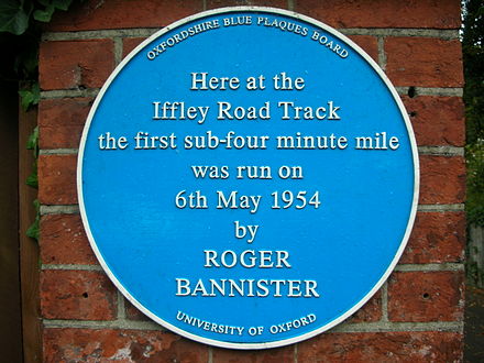 Blue plaque at Oxford University's Iffley Road Track, recording the first sub-4-minute mile run by Roger Bannister on 6 May 1954