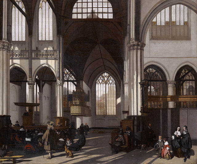 Early Calvinism was known for simple, unadorned churches as depicted in this 1661 portrait of the interior of the Oude Kerk, Amsterdam