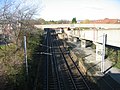The view north west to the station from the A185 bridge, showing the ramp down to Platform 1 on the right 7 November 2009