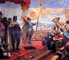 Acclamation of John IV as king of Portugal (1908), painting by Veloso Salgado in the Military Museum, Lisbon. Joao IV proclaimed king-modificated.jpg