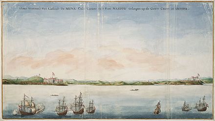 Painting by Johannes Vingboons of both Fort São Jorge at Elmina and Fort Nassau at Moree