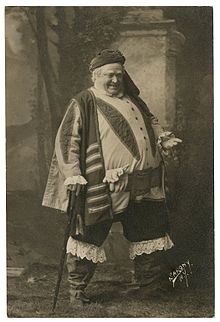 A photograph of John Jack as Falstaff in a late 19th-century performance of the play. John Jack plays Falstaff.jpg