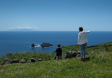 Jules and Gabriel with the Baixo Islet in the background, Caldeira, Graciosa Island, Azores, Portugal