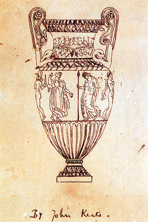 A fine-line drawing of an urn. It is tall, with high scrolled handles. Around the middle is a frieze of figures, of which four can be seen. From left to right, a naked man with a helmet and sword, a dancing woman in a flowing garment, a robed woman carrying a spear and a naked man with a cloak hanging from his shoulder. The drawing is inscribed "By John Keats".