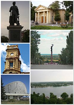 Clockwise from top: St Catherine's cathedral, Memorial in Park Slavy, view of the Dnieper in Kherson, , clock tower of the Kherson Regional Art Museum, monument to Potemkin in Potomkinskyi Garden Square.