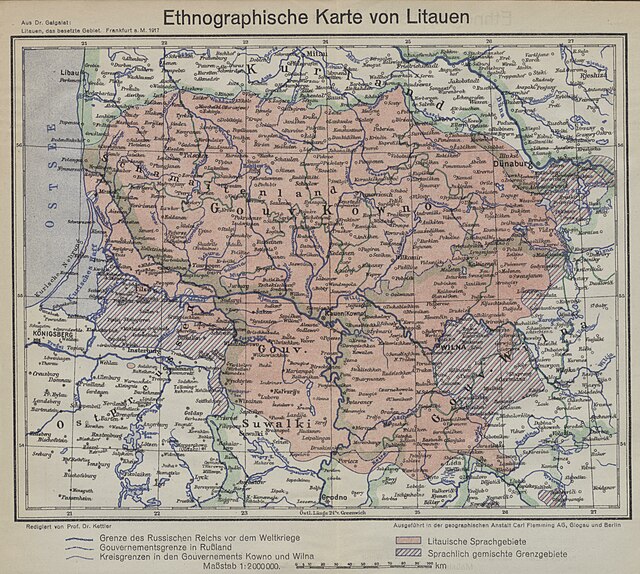 Ethnolinguistic area of Lithuanians and the Lithuanian language in 1917 by Prussian Lithuanian professor Vilius Gaigalaitis (Wilhelm Gaigalat), the da